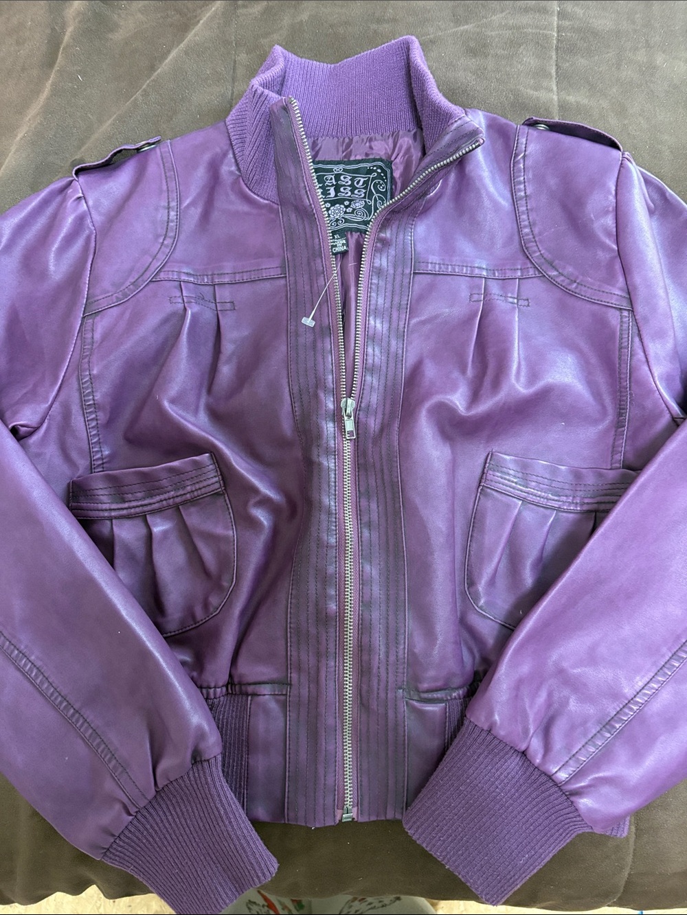 Y2K last kiss Purple Faux Leather Bomber Jacket